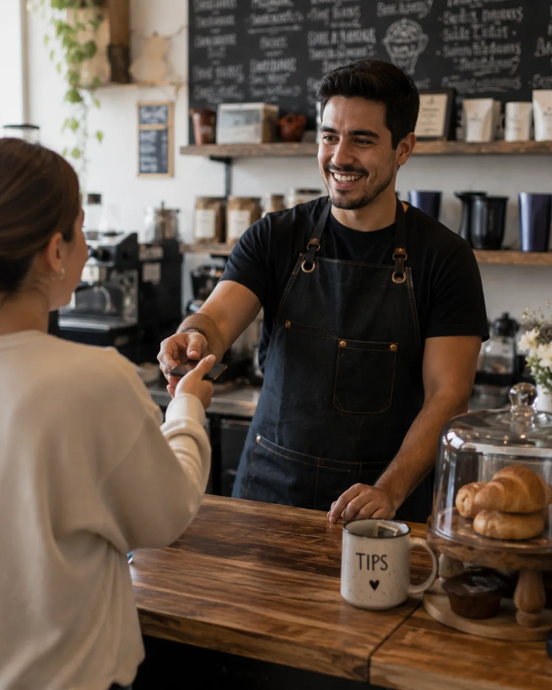Dueño de un negocio atendiendo con una sonrisa a un cliente en el mostrador