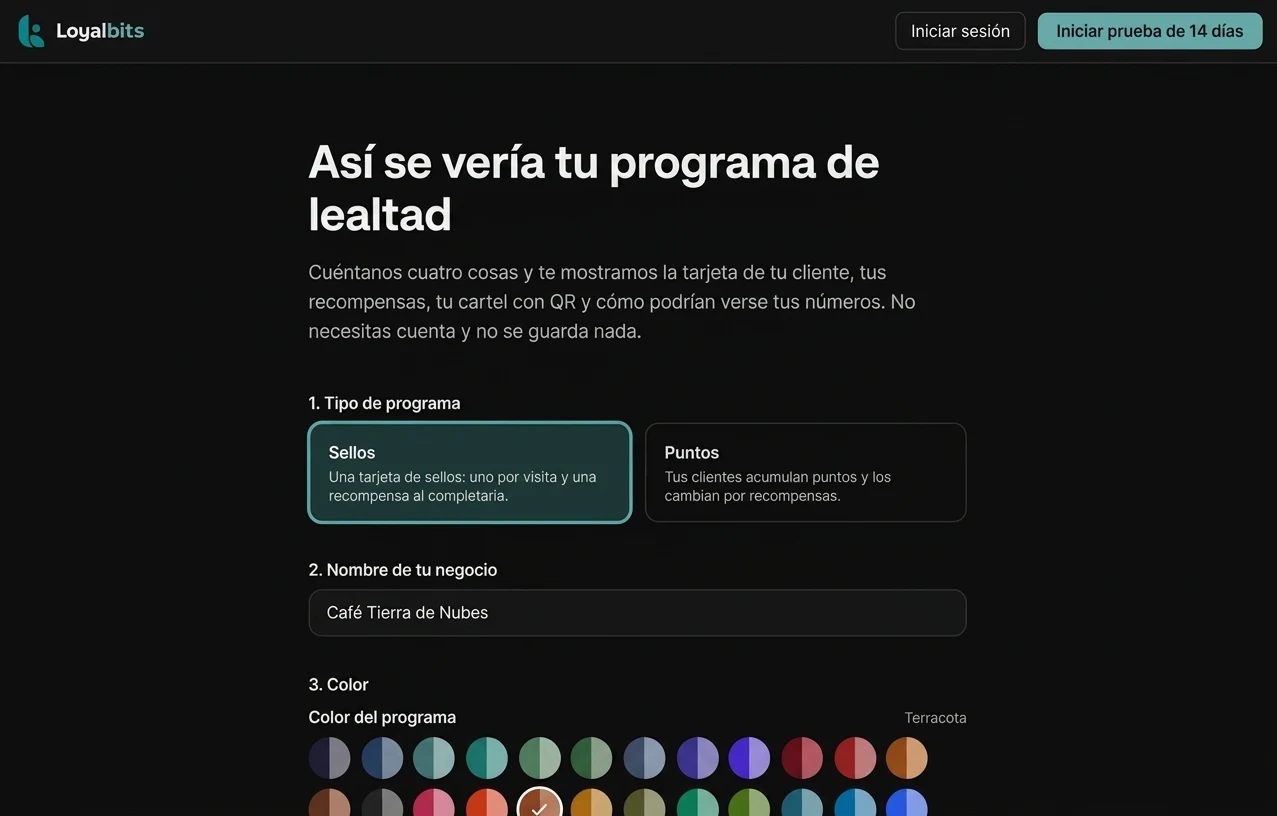 Formulario del demo: tipo de programa, nombre del negocio y color