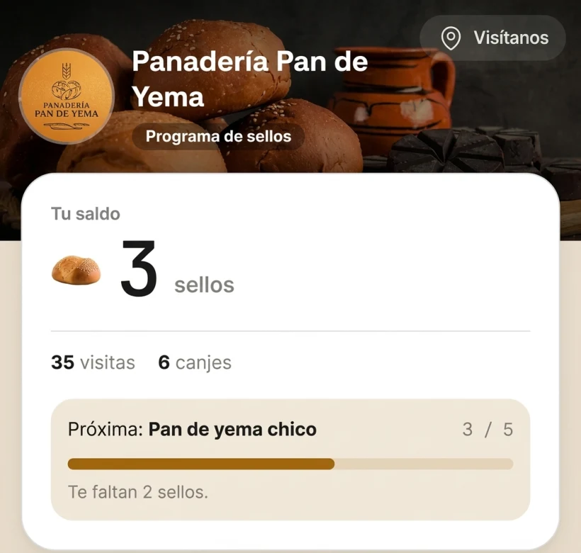Detalle de programa de sellos: tres sellos, visitas, canjes y la próxima recompensa con su progreso
