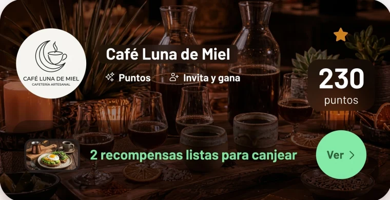 Tarjeta digital de Café Luna de Miel con 230 puntos y dos recompensas listas para canjear