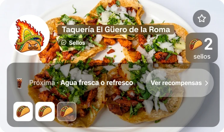 Tarjeta de Taquería El Güero de la Roma con su próxima recompensa y sellos acumulados