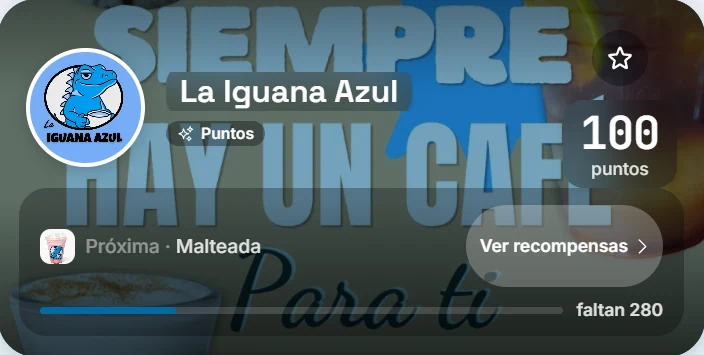 Tarjeta de La Iguana Azul, programa de puntos, con 100 puntos y su progreso hacia la próxima recompensa