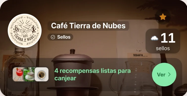 Tarjeta de Café Tierra de Nubes, programa de sellos, con cuatro recompensas listas